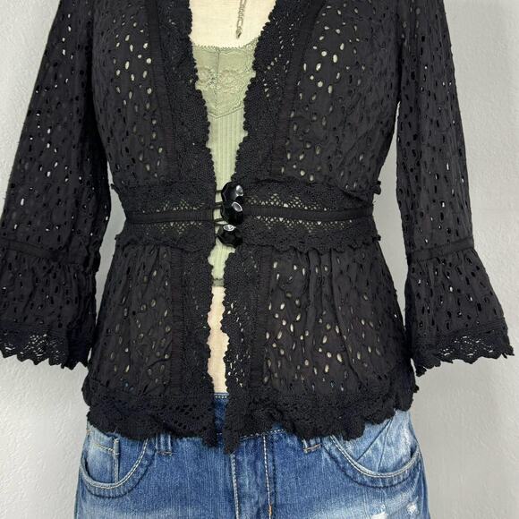 Vintage Cache Sheer Lace Cardigan Top Black Size 4 - Picture 3 of 7